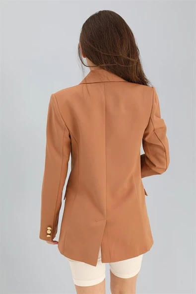 Blazer Fleto Cepli Atlas Kumaş Ceket - Camel - Resim 4