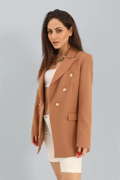 Blazer Fleto Cepli Atlas Kumaş Ceket - Camel - Resim 3