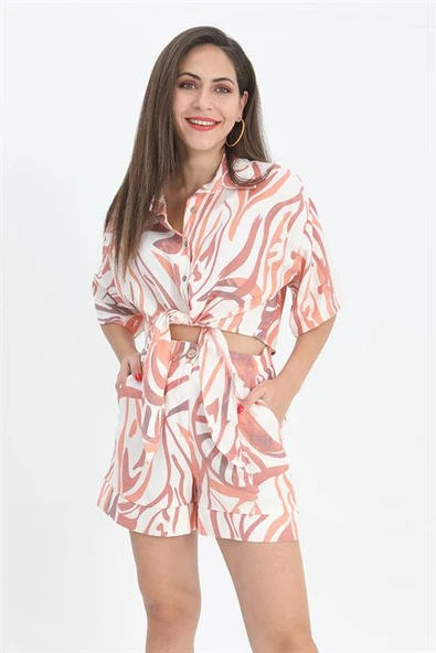 Gömlek Kısa Önden Bağlamalı Keten - Turuncu - Resim 2