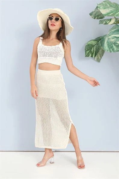 Etek Astarlı Yırtmaçlı Triko - Ekru - Resim 3