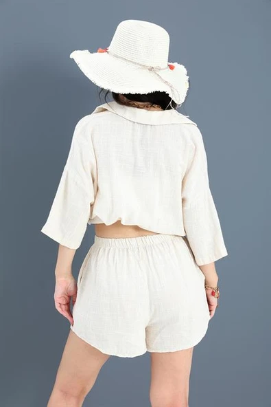 Pamuk Keten Şort Gömlek Kadın İkili Takım - Taş - Resim 5