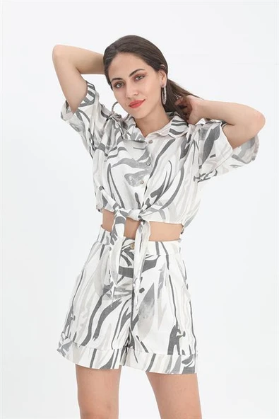 Gömlek Kısa Önden Bağlamalı Keten - Siyah - Resim 2