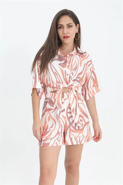 Gömlek Kısa Önden Bağlamalı Keten - Turuncu ürün görseli 1