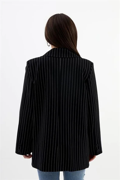 Blazer Ceket Çizgili Atlas Kumaş - Siyah - Resim 7
