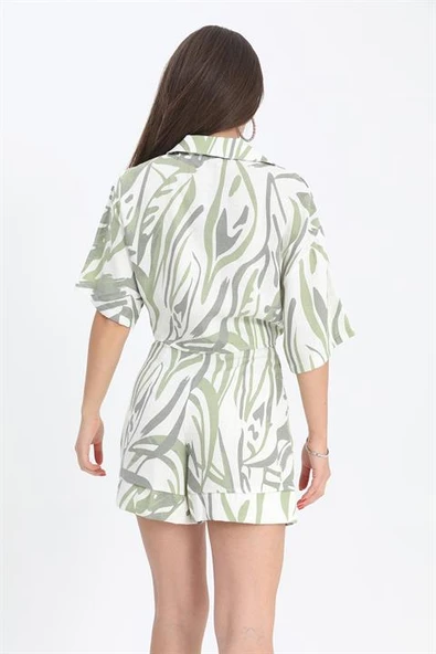 Gömlek Kısa Önden Bağlamalı Keten - Yeşil - Resim 3