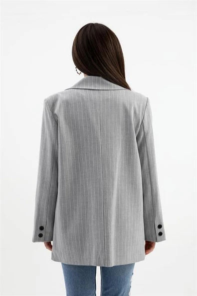 Blazer Ceket Çizgili Atlas Kumaş - Gri - Resim 8