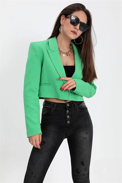 Çift Peto Cepli Kısa Crop Blazer Ceket - Yeşil - Resim 3