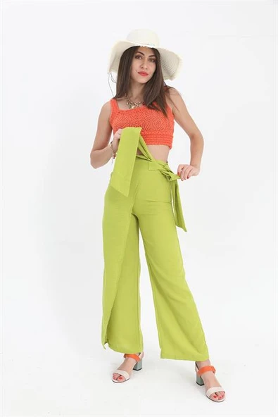 Pantolon Önden Bağlamalı Keten - Açık Yeşil - Resim 3