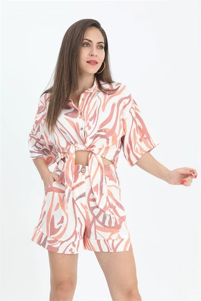 Şort Yüksek Bel Baskılı Keten - Turuncu ürün görseli 1