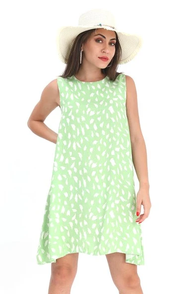 Elbise Sıfır Kol Desenli Keten - Yeşil ürün görseli 1