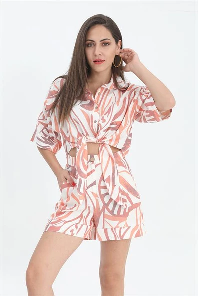 Gömlek Kısa Önden Bağlamalı Keten - Turuncu - Resim 3