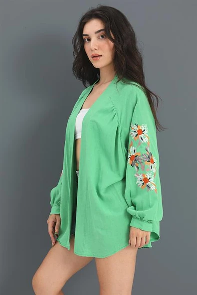 Kimono Reglan Kol Nakışlı Keten - Yeşil - Resim 3