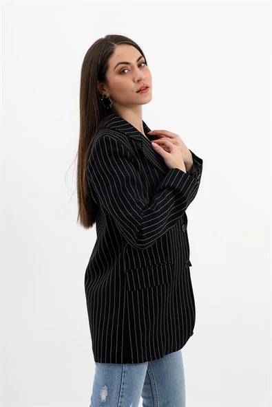 Blazer Ceket Çizgili Atlas Kumaş - Siyah - Resim 2