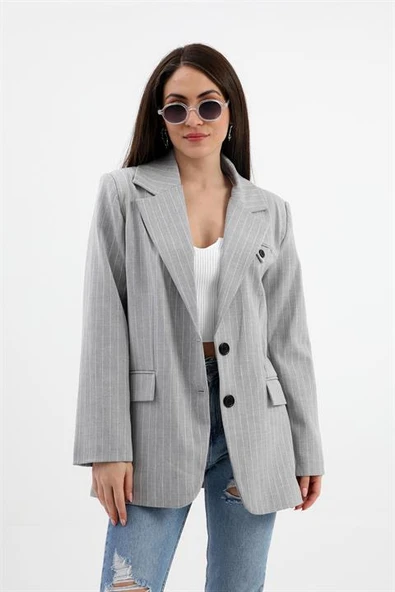 Blazer Ceket Çizgili Atlas Kumaş - Gri - Resim 5