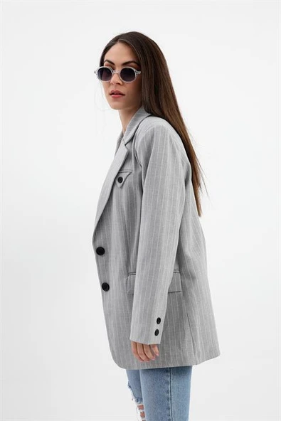 Blazer Ceket Çizgili Atlas Kumaş - Gri - Resim 4