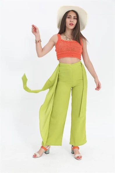 Pantolon Önden Bağlamalı Keten - Açık Yeşil - Resim 4