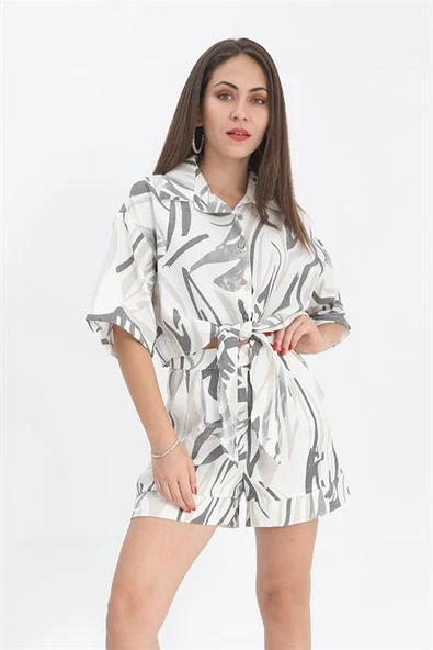 Gömlek Kısa Önden Bağlamalı Keten - Siyah ürün görseli 1