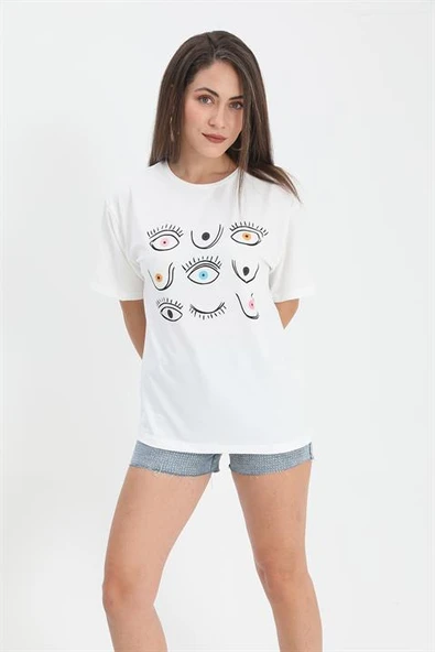 Tshirt Göz Baskılı Bisiklet Yaka - Ekru - Resim 3