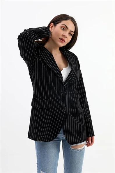 Blazer Ceket Çizgili Atlas Kumaş - Siyah - Resim 6