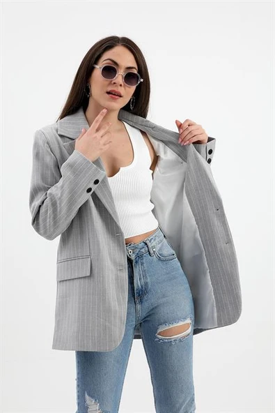Blazer Ceket Çizgili Atlas Kumaş - Gri - Resim 6