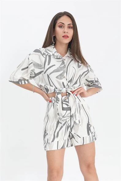 Şort Yüksek Bel Baskılı Keten - Siyah ürün görseli 1