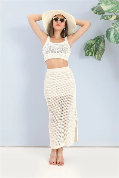 Etek Astarlı Yırtmaçlı Triko - Ekru ürün görseli 1