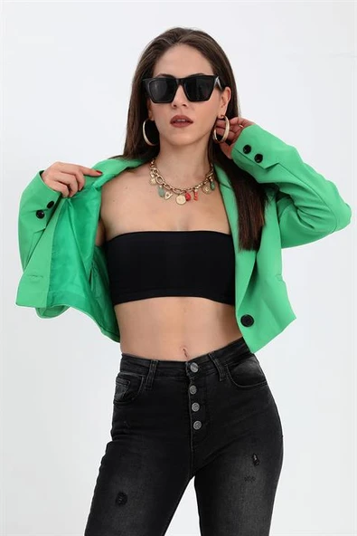 Çift Peto Cepli Kısa Crop Blazer Ceket - Yeşil - Resim 4