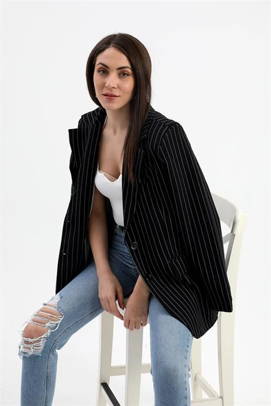 Blazer Ceket Çizgili Atlas Kumaş - Siyah - Resim 5