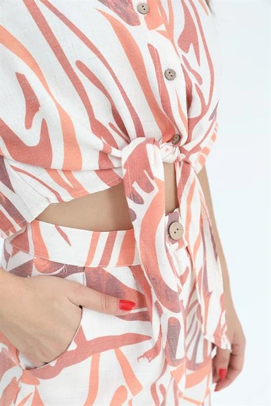 Şort Yüksek Bel Baskılı Keten - Turuncu - Resim 4