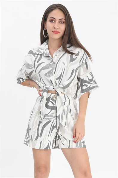 Gömlek Kısa Önden Bağlamalı Keten - Siyah - Resim 3