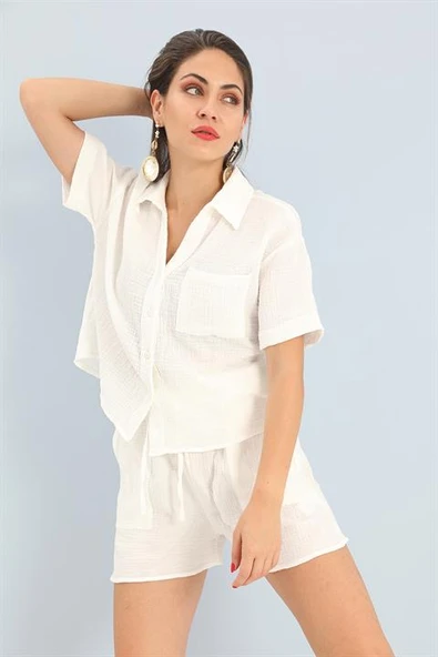 Takım Müslin Gömlek Şort - Ekru - Resim 2
