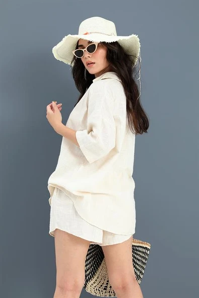 Pamuk Keten Şort Gömlek Kadın İkili Takım - Taş - Resim 4