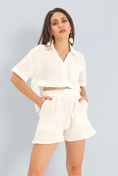 Takım Müslin Gömlek Şort - Ekru - Resim 3