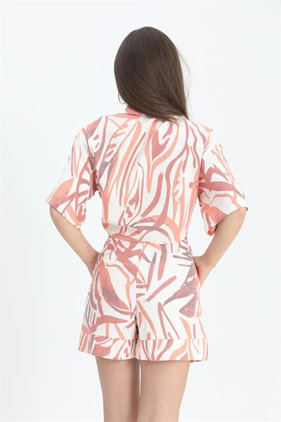 Şort Yüksek Bel Baskılı Keten - Turuncu - Resim 3