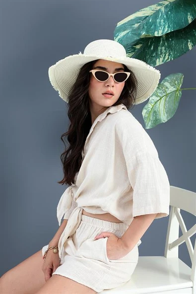 Pamuk Keten Şort Gömlek Kadın İkili Takım - Taş ürün görseli 1