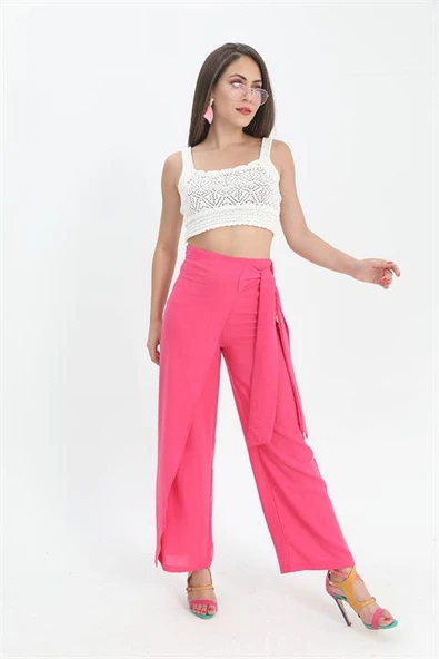 Pantolon Önden Bağlamalı Keten - Fuşya - Resim 2