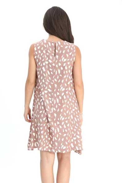 Elbise Sıfır Kol Desenli Keten - Vizon - Resim 4