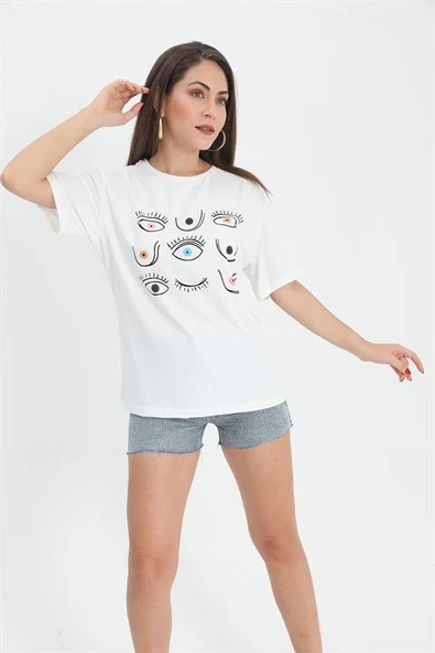 Tshirt Göz Baskılı Bisiklet Yaka - Ekru ürün görseli 1