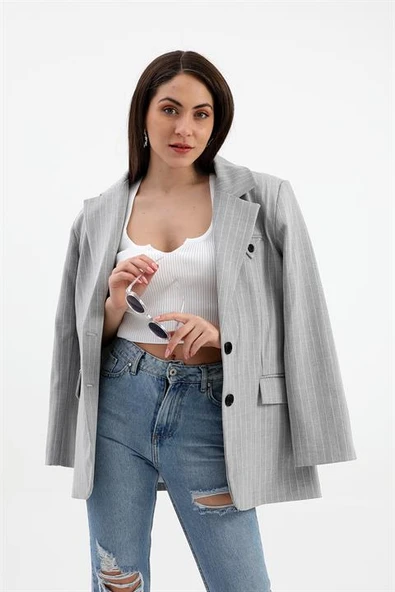 Blazer Ceket Çizgili Atlas Kumaş - Gri - Resim 7