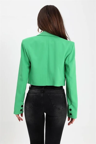 Çift Peto Cepli Kısa Crop Blazer Ceket - Yeşil - Resim 5