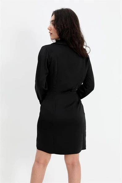 Elbise Kruvaze Yaka Düğmeli Saten - Siyah - Resim 5