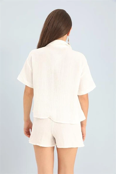 Takım Müslin Gömlek Şort - Ekru - Resim 4