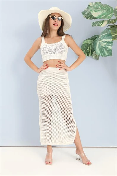 Etek Astarlı Yırtmaçlı Triko - Ekru - Resim 2