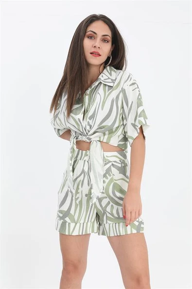 Gömlek Kısa Önden Bağlamalı Keten - Yeşil ürün görseli 1