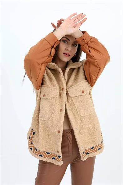 Gömlek Bergamo Kolları Kapitone Eteği Nakışlı - Bej - Resim 5