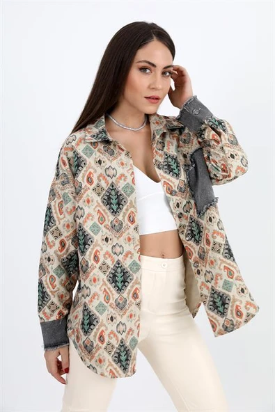 Gömlek Kot Garnili Baskılı Jakar Kapitone - Yeşil - Resim 3