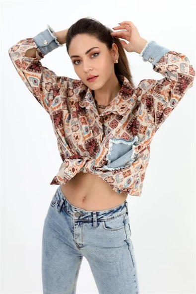 Gömlek Kot Garnili Baskılı Jakar Kapitone - Tarçın - Resim 3