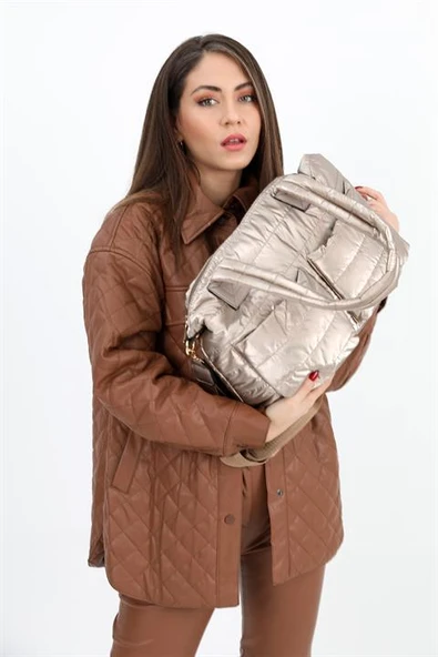 Cepli Fermuarlı Omuz Çantası - Vizon - Resim 2