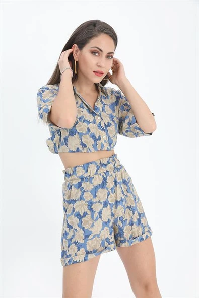 Şort Baskılı Duble Katlamalı Lastikli - Mavi - Resim 2