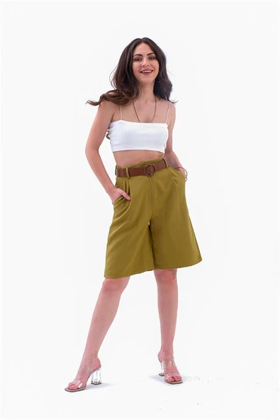 Şort Yüksek Bel Kemerli Bermuda - Haki - Resim 2